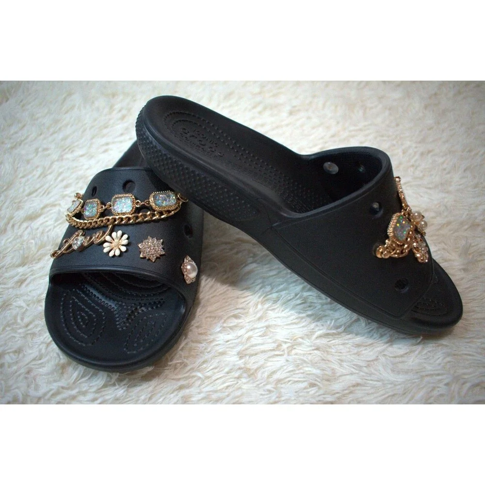 Crocs Slides Customized with Gold Luxe Charms (206761‑001 ) - Women's Size 10